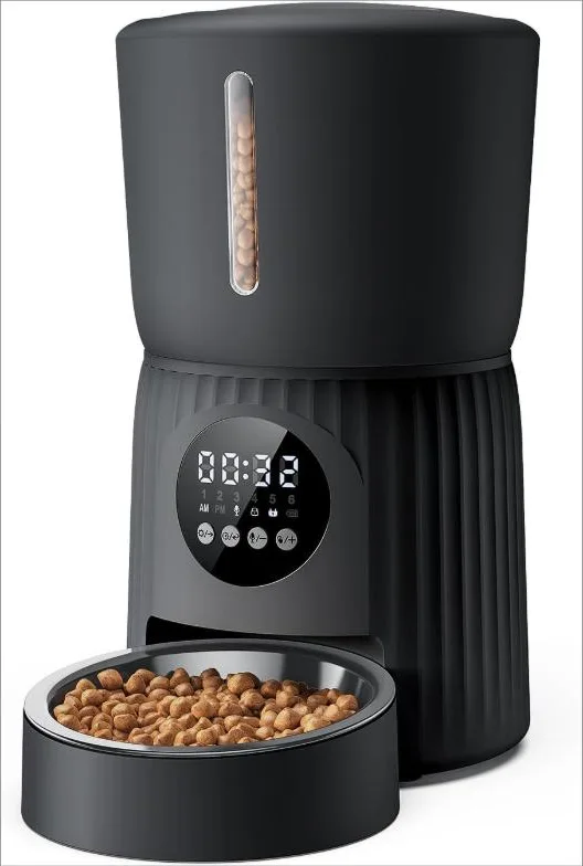 Comedero Gato Automatico, Faroro 4L Dispensador Comida Gatos/Perros con 1 a 6 Comidas Al Día, Control de Porciones, Voz 10s, Alimentación Lenta (Negro)