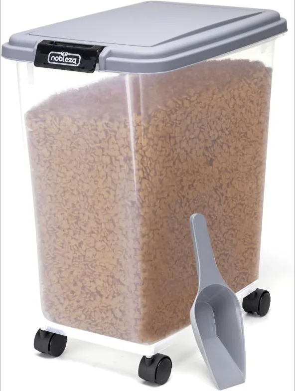 Nobleza - 40L Contenedor de Comida para Mascotas, Mascotas Caja de Alimentos con Ruedas Contenedor, Tapa abatible, hermética, Transparente, Ruedas y Pala, para Comida para Perros y Gatos, Gris