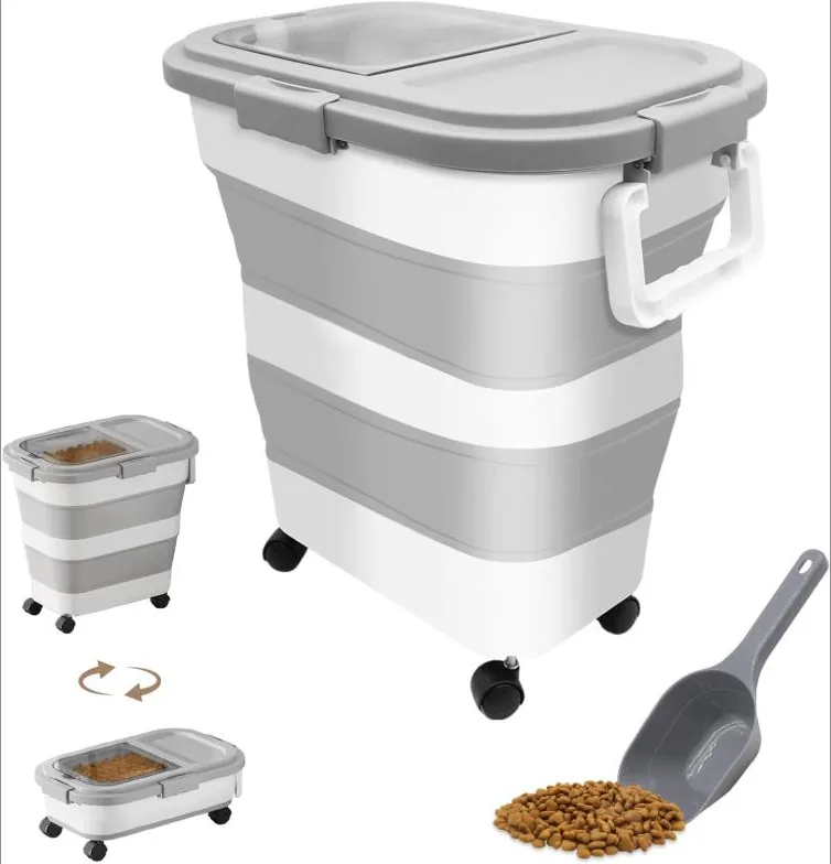 Contenedor Plegable para Alimentos de Mascotas 10-15kg, Contenedor de comida para perros, Recipiente Hermético con Ruedas, Cuchara Medidora, para Guardar Croquetas y Mantener su Frescura